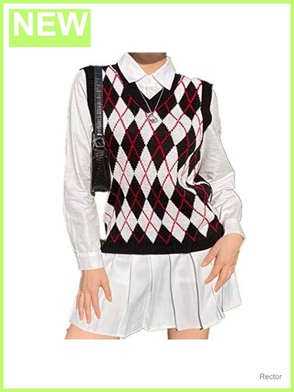 Sleeveless V Neck Argyle Plaid Knitted Sweater Vest Loose Preppy